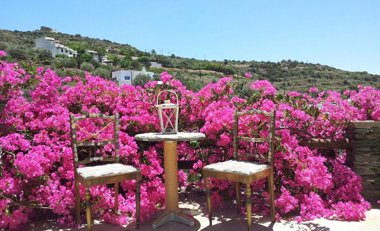 Καθιστικό εξωτερικού χώρου με βουκαμβίλιες στα Ostria Studios στον Πλατύ Γιαλό Σίφνου